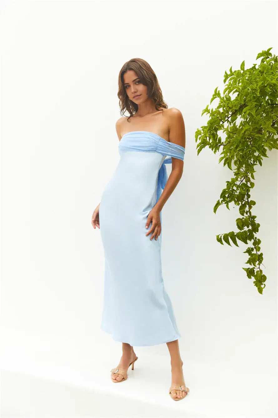 Romantic Sheath Strapless Sleeveless Tie Back Midi Length Prom Dress