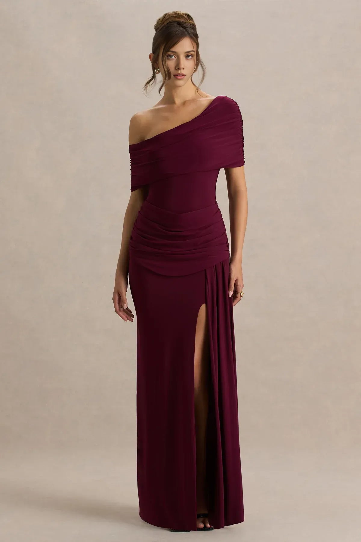Alluring Mermaid One Shoulder Draped Sleeve Ruched Side High Slit Floor Length Evening Dress