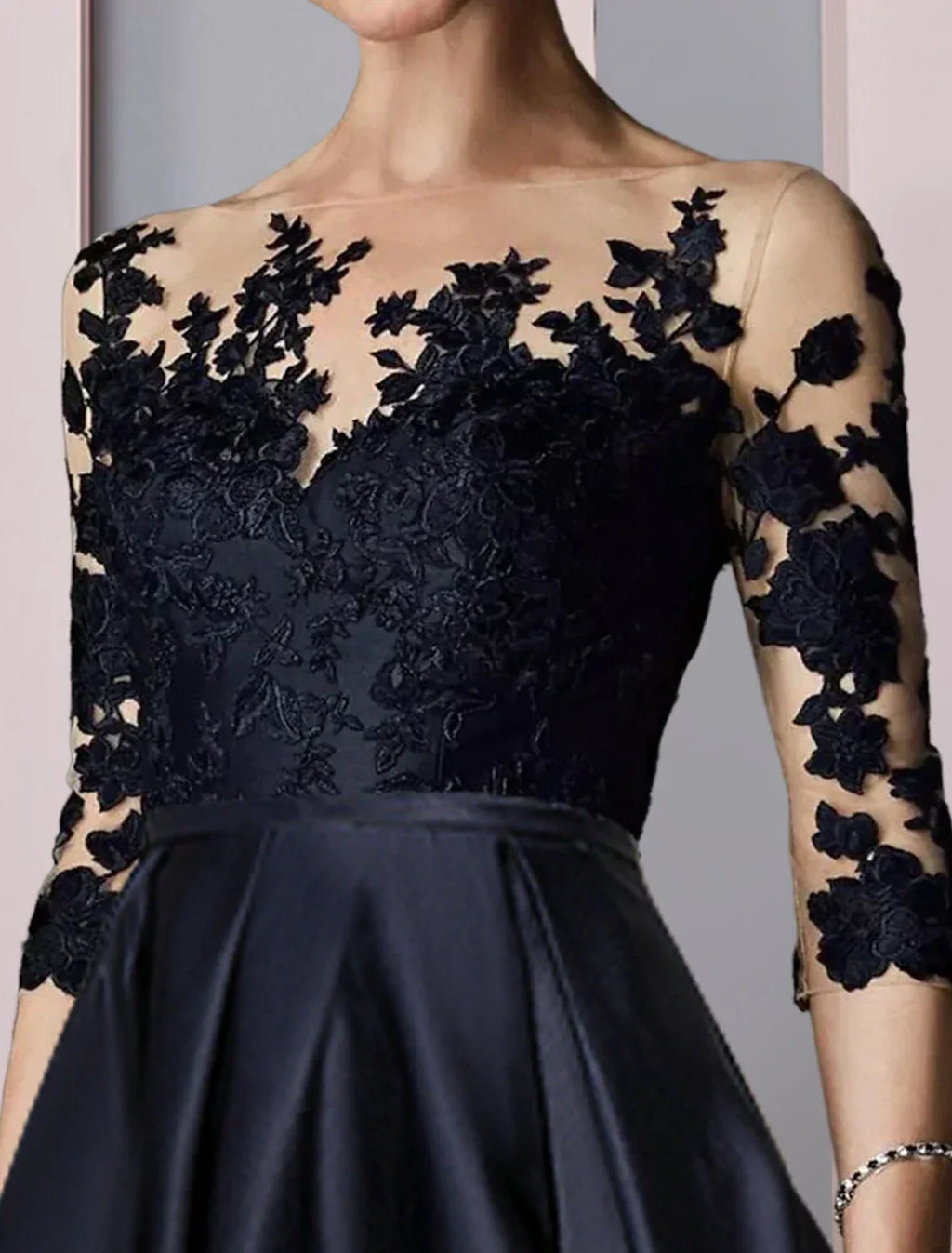 A-Line Mother of the Bride Dress Wedding Guest Elegant High Low Scoop Neck Asymmetrical Tea Length Satin Lace 3/4 Length Sleeve with Pleats Appliques