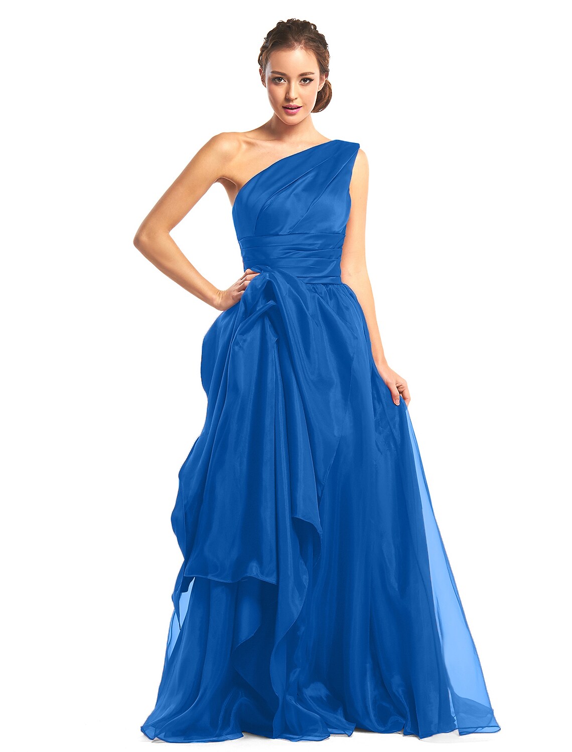Elegante Abito da Sera da Ballo Formale Monospalla Senza Maniche Lunghezza al Pavimento in Organza con Drappeggio Laterale
