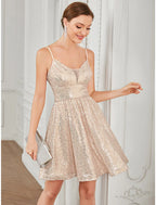 A-Line Homecoming Dresses Vintage Dress Homecoming Short / Mini Sleeveless V Neck Pink Dress Sequined with Glitter Sequin