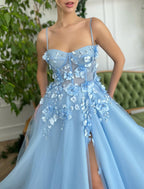 Ball Gown Prom Dresses Celebrity Style Dress Wedding Guest Birthday Floor Length Sleeveless Spaghetti Strap Tulle with Slit Appliques