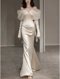 Mermaid / Trumpet Evening Gown Elegant Dress Formal Prom Floor Length Long Sleeve Sweetheart Italy Satin with Buttons Shawl