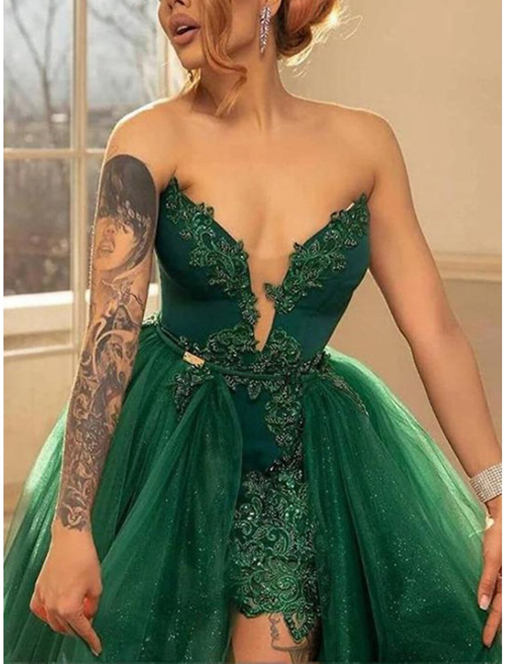 A-Line Evening Gown Elegant Dress Formal Sweep / Brush Train Christmas Red Green Dress Sleeveless Sweetheart Tulle with Glitter Pleats Slit