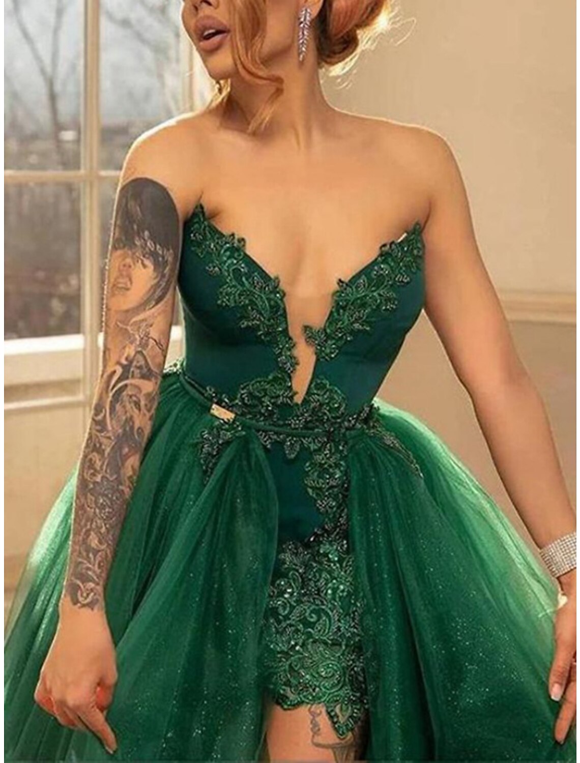 A-Line Evening Gown Elegant Dress Formal Sweep / Brush Train Christmas Red Green Dress Sleeveless Sweetheart Tulle with Glitter Pleats Slit