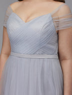 A-Line Elegant Dress Wedding Guest Cocktail Party Tea Length Short Sleeve Off Shoulder Tulle with Sash / Ribbon Criss