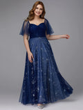 A-Line Plus Size Dress Prom Floor Length Short Sleeve TulleLace-up with Beading Pattern Print