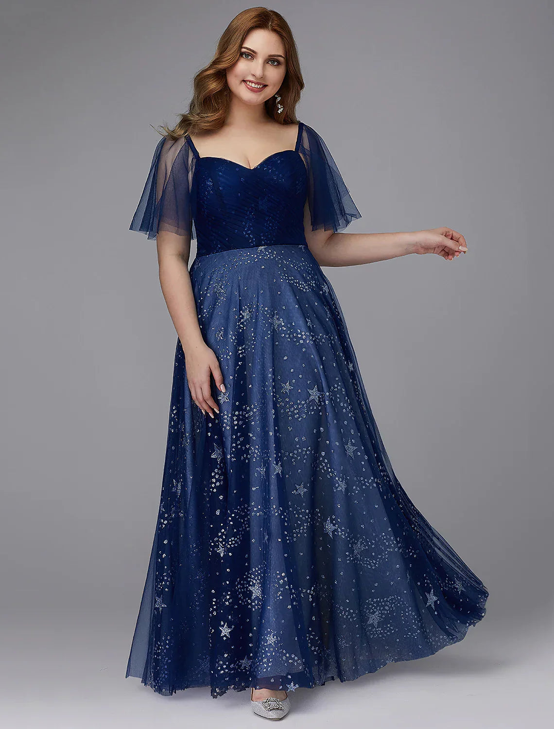 A-Line Plus Size Dress Prom Floor Length Short Sleeve TulleLace-up with Beading Pattern Print