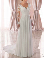 A-Line Prom Dresses Elegant Dress Wedding Guest Wedding Party Sweep / Brush Train Long Sleeve V Neck Chiffon with Appliques