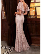 Mermaid / Trumpet Mother of the Bride Dress Formal Wedding Guest Elegant V Neck Floor Length Lace Tulle Short Sleeve with Lace Beading Embroidery