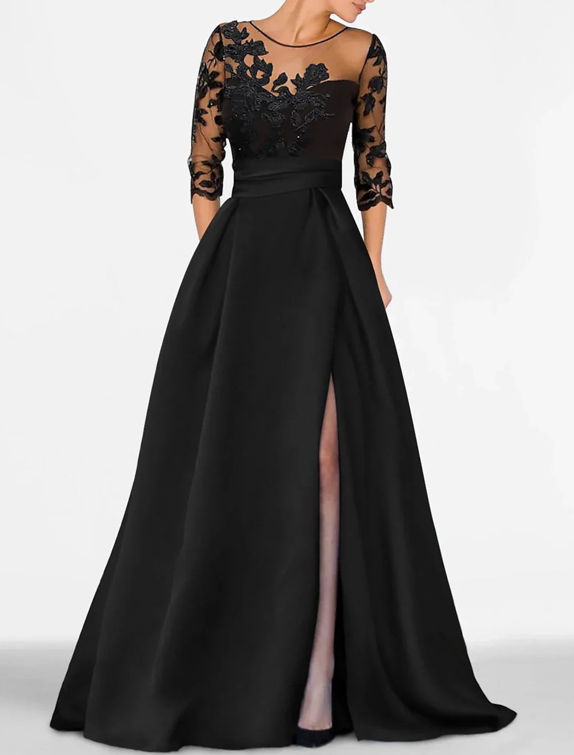 A-Line Evening Gown Elegant Dress Wedding Guest Floor Length 3/4 Length Sleeve Jewel Neck Satin with Beading Appliques