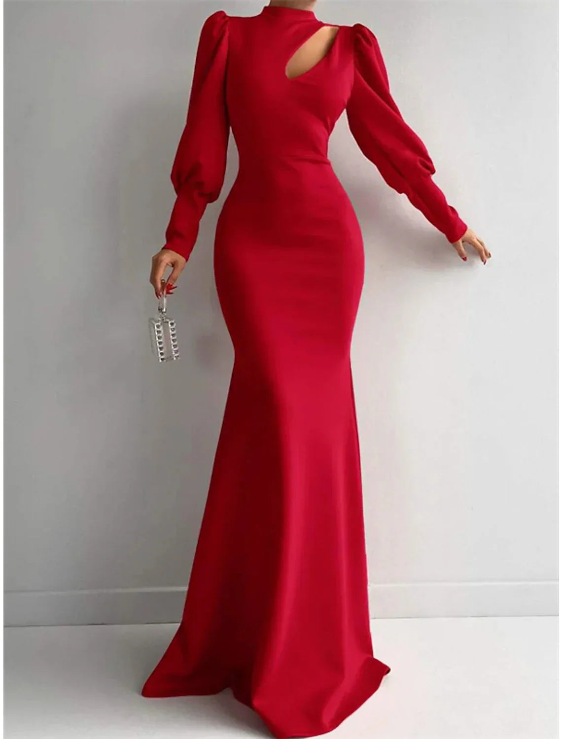 Mermaid Evening Gown Elegant Dress Formal Christmas Red Green Dress Sweep / Brush Train Long Sleeve High Neck Satin with Ruched