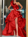 A-Line Evening Gown Elegant Dress Christmas Red Green Dress Formal Wedding Asymmetrical Sleeveless One Shoulder Satin with Ruffles Slit