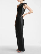 Satin Mermaid Party Dress Evening Gown Champagne Black Elegant Dress Formal Fall Ankle Length Sleeveless One Shoulder with Bow(s) Slit