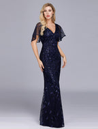 Evening Gown Dress Party Wear Floor Length Short Sleeve Tulle with Ruffles Embroidery