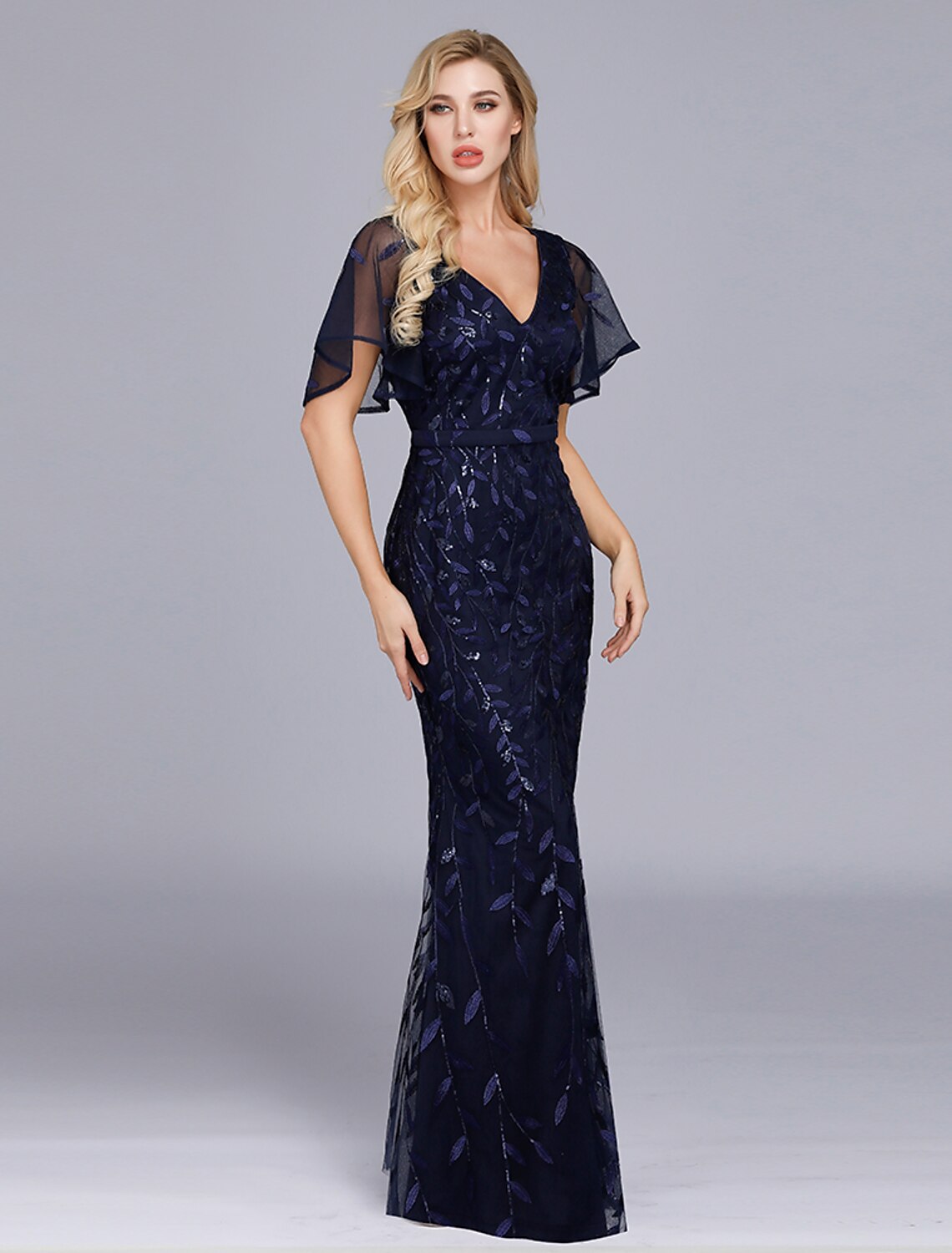 Mermaid / Trumpet Evening Gown Empire Dress Party Wear Floor Length Short Sleeve Jewel Neck Tulle with Ruffles Embroidery