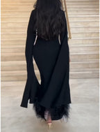 Sheath Black Dress Plus Size Evening Gown Elegant Dress Formal Ankle Length Long Sleeve Square Neck Stretch Fabric with Feather
