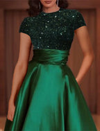 A-Line Evening Gown Elegant Dress Christmas Floor Length Short Sleeve High Neck Satin with Sequin