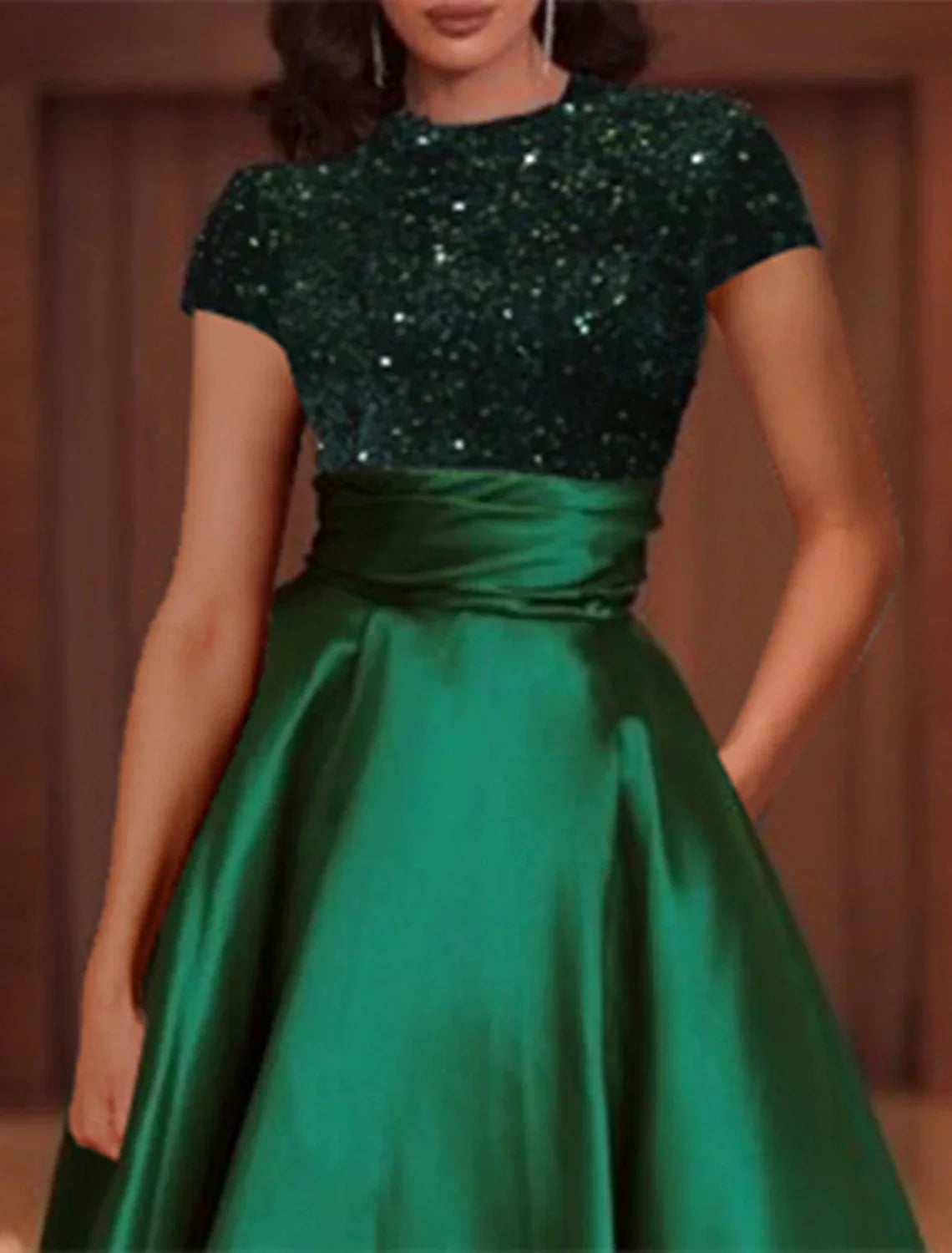A-Line Evening Gown Elegant Dress Christmas Floor Length Short Sleeve High Neck Satin with Sequin