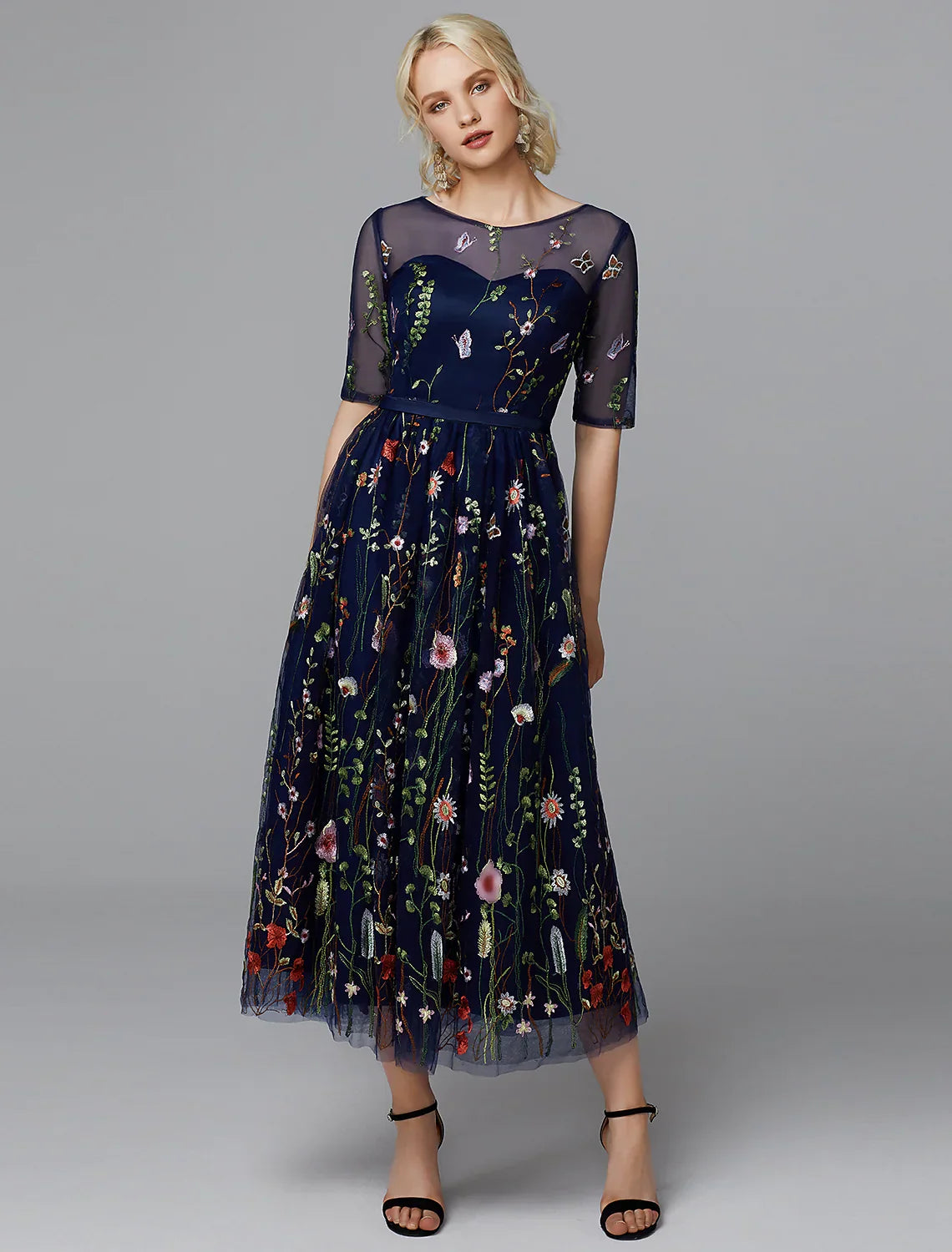 A-Line White Dress Holiday Half Sleeve Lace with Embroidery Appliques