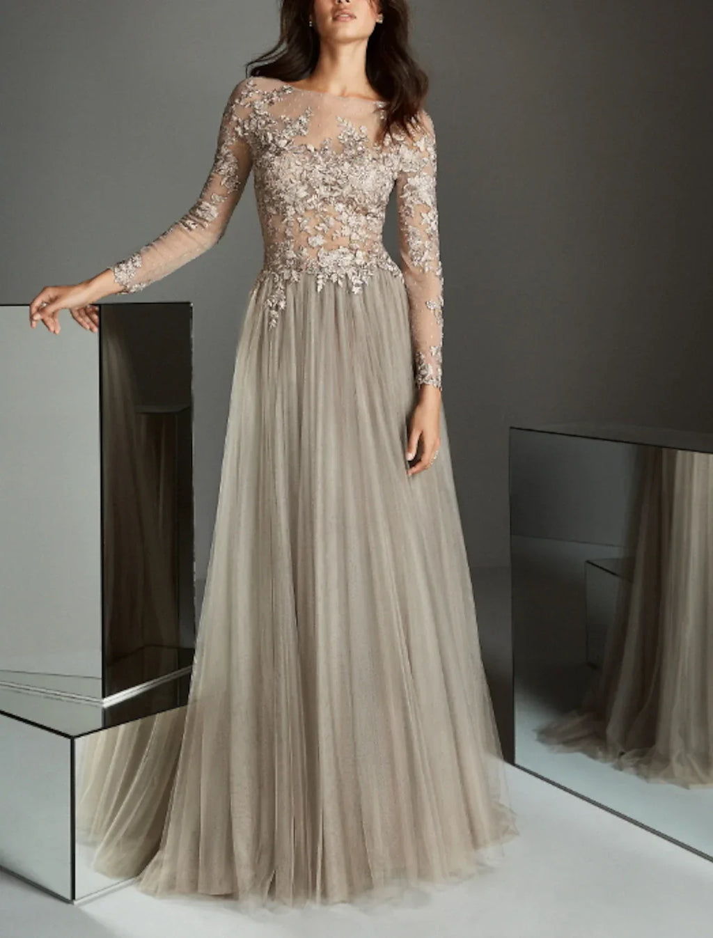 A-Line Evening Gown Elegant Dress Wedding Guest Formal Evening Sweep / Brush Train Long Sleeve Illusion Neck Lace with Pleats Appliques