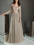 A-Line Evening Gown Elegant Dress Wedding Guest Formal Evening Sweep / Brush Train Long Sleeve Illusion Neck Lace with Pleats Appliques
