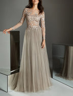 A-Line Evening Gown Elegant Dress Wedding Guest Formal Evening Sweep / Brush Train Long Sleeve Illusion Neck Lace with Pleats Appliques