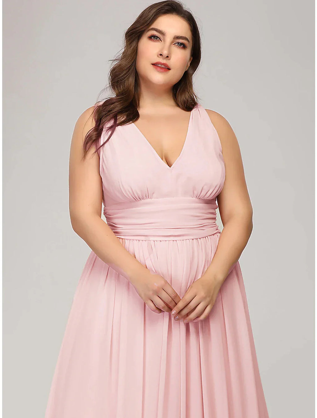 A-Line Plus Size Wedding Formal Evening Dress V Neck V Back Sleeveless Floor Length Chiffon with Pleats