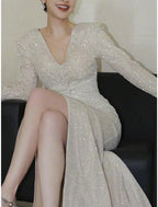 Sheath / Column Prom Dresses Sparkle & Shine Dress Wedding Party Floor Length Long Sleeve V Neck Sequined Backless with Glitter Ruched Slit