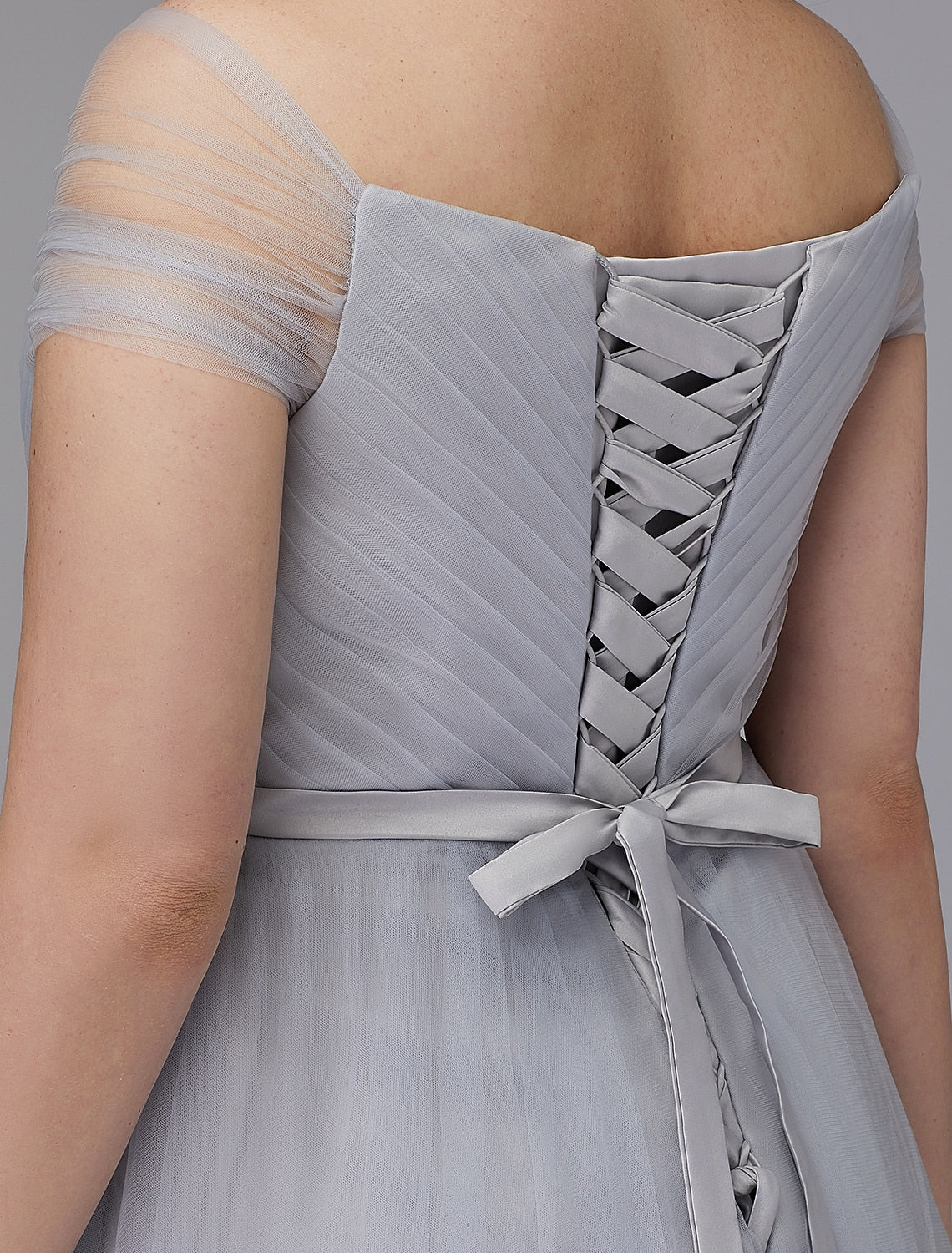 A-Line Elegant Dress Wedding Guest Cocktail Party Tea Length Short Sleeve Off Shoulder Tulle with Sash / Ribbon Criss