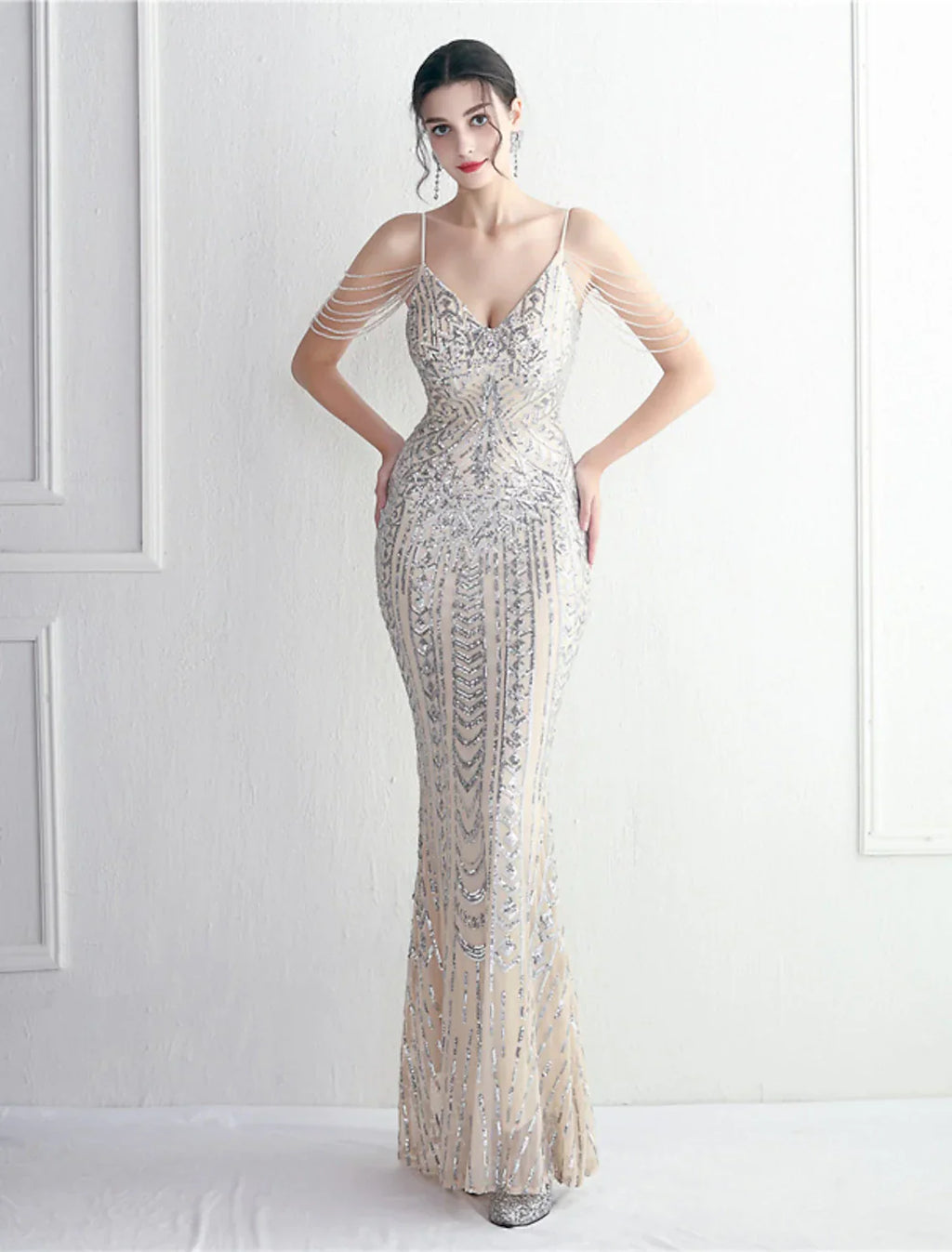 Mermaid / Trumpet Evening Gown Sparkle & Shine Dress Formal Floor Length Short Sleeve Spaghetti Strap Polyester with Beading Sequin