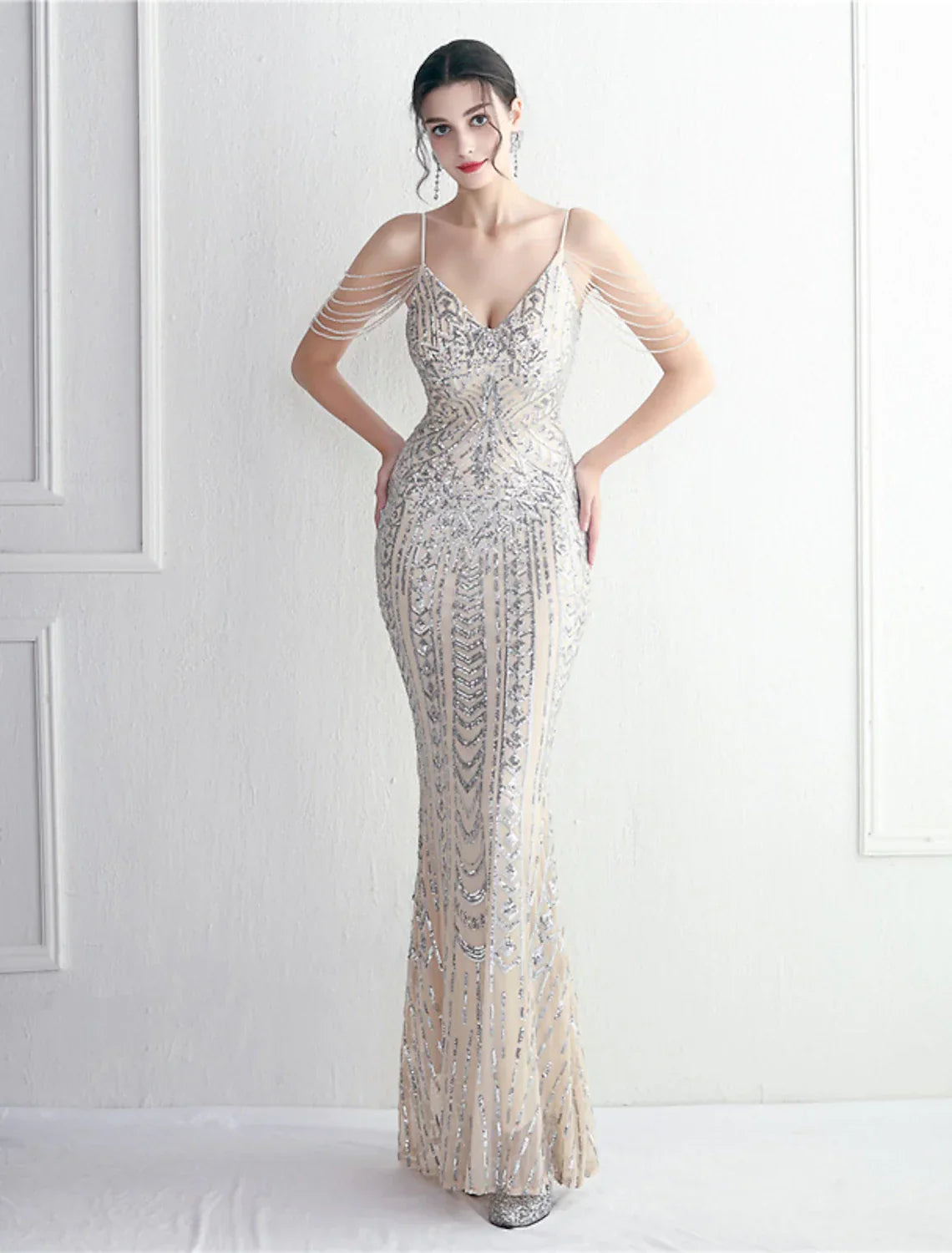 Mermaid / Trumpet Evening Gown Sparkle & Shine Dress Formal Floor Length Short Sleeve Spaghetti Strap Polyester with Beading Sequin