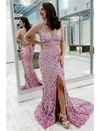 Two Piece Ball Gown Mermaid / Trumpet Prom Dresses Sparkle & Shine Dress Party Wear Sweep / Brush Train Sleeveless Spaghetti Strap Sequined Backless with Sequin Slit