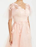A-Line Prom Dresses Elegant Dress Wedding Guest Tea Length Short Sleeve V Neck Tulle with Appliques