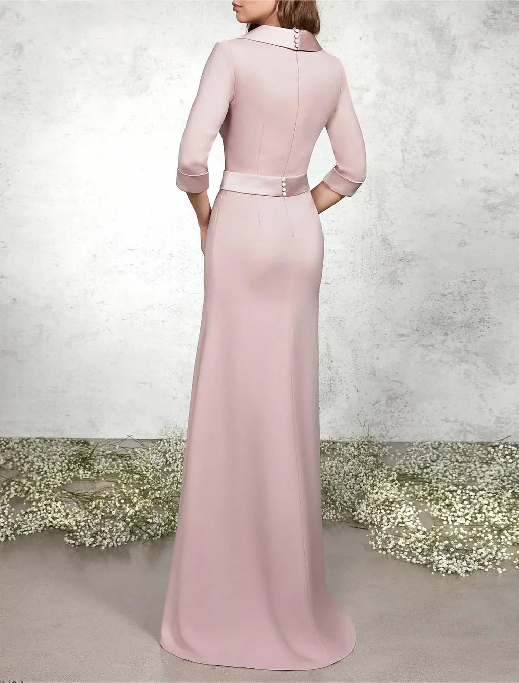 A-Line Mermaid / Trumpet Mother of the Bride Dress Formal Wedding Guest Elegant V Neck Floor Length Chiffon Satin Half Sleeve with Sash / Ribbon Bow(s) Buttons