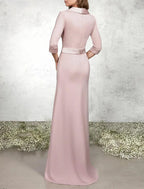 A-Line Mermaid / Trumpet Mother of the Bride Dress Formal Wedding Guest Elegant V Neck Floor Length Chiffon Satin Half Sleeve with Sash / Ribbon Bow(s) Buttons