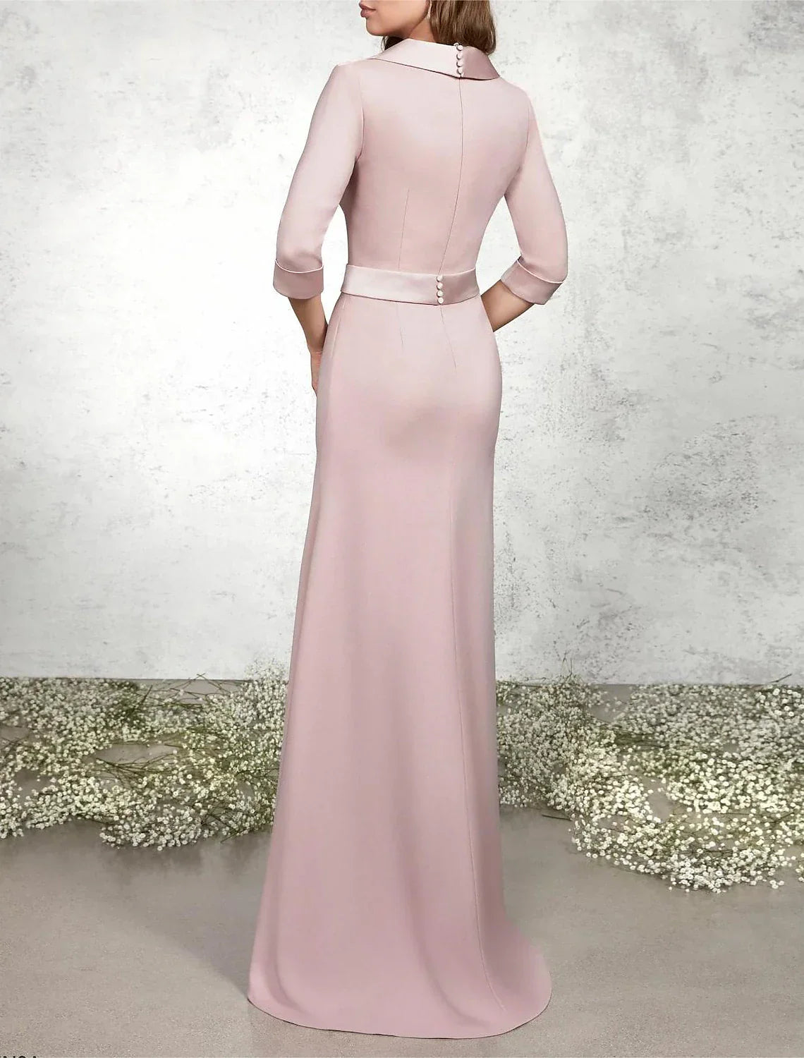 A-Line Mermaid / Trumpet Mother of the Bride Dress Formal Wedding Guest Elegant V Neck Floor Length Chiffon Satin Half Sleeve with Sash / Ribbon Bow(s) Buttons