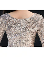 A-Line Sparkle White Cocktail Party Prom Dress Jewel Neck Half Sleeve Tea Length Satin with Sequin