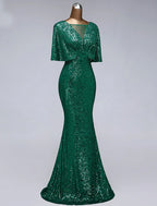 Mermaid / Trumpet Prom Dresses Sparkle Dress Wedding Guest Floor Length Half Sleeve Illusion Neck Sequined with Sequin Ruffles