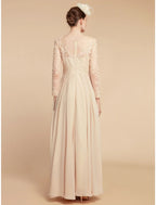 A-Line Mother of the Bride Dress Wedding Guest Elegant Jewel Neck Ankle Length Chiffon Lace Long Sleeve with Ruching Solid Color