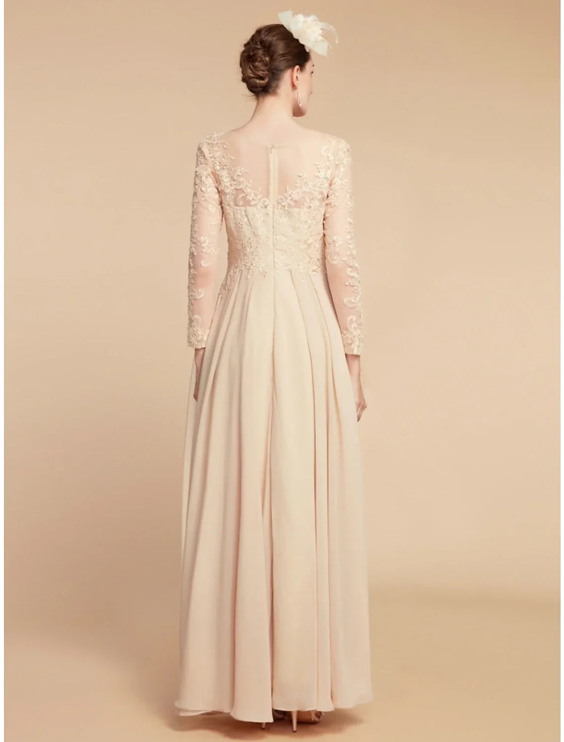 A-Line Mother of the Bride Dress Wedding Guest Elegant Jewel Neck Ankle Length Chiffon Lace Long Sleeve with Ruching Solid Color