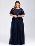 A-Line Prom Dresses Dress Wedding Guest Floor Length Short Sleeve Tulle with Sequin Appliques