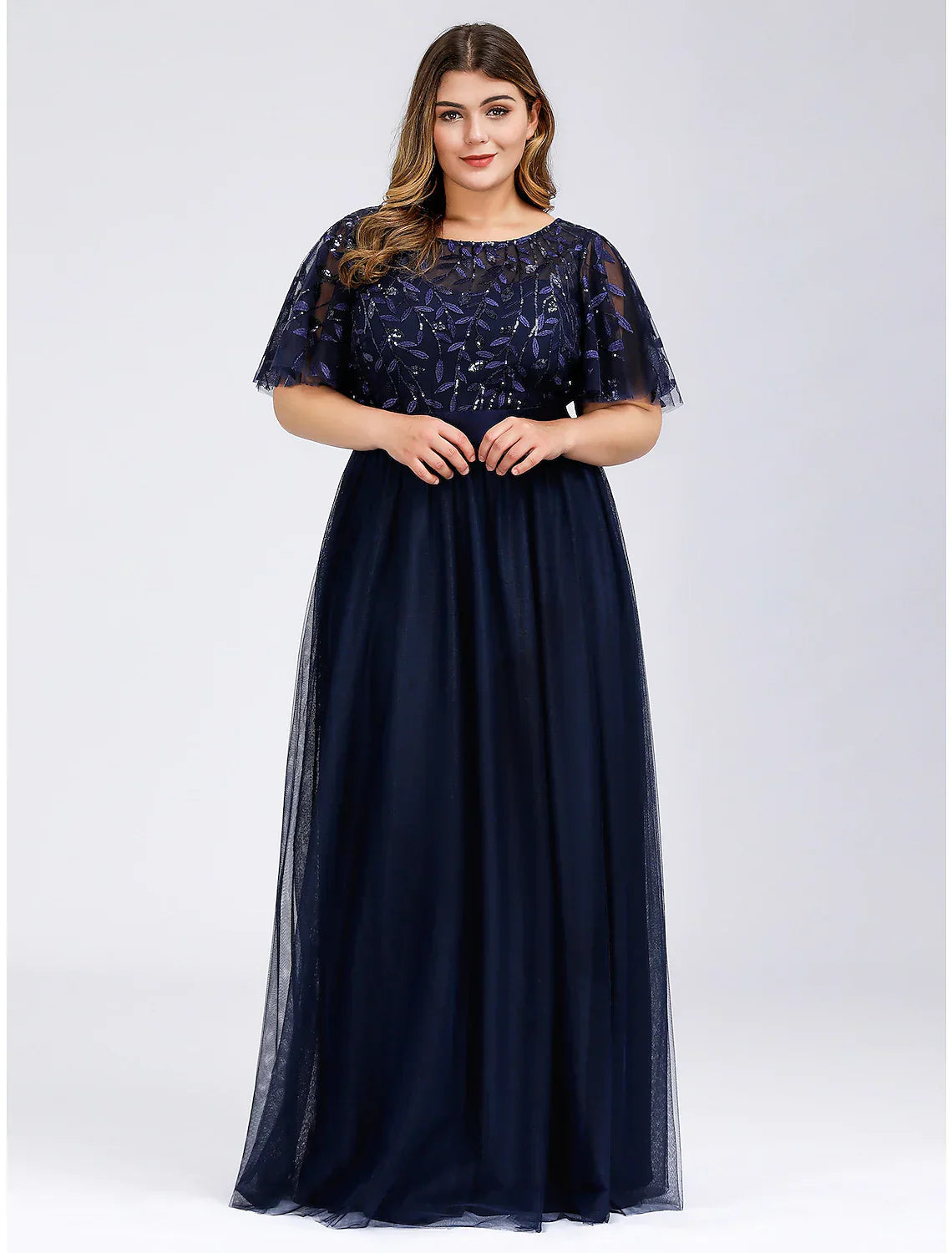 A-Line Prom Dresses Dress Wedding Guest Floor Length Short Sleeve Tulle with Sequin Appliques