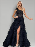 A-Line Evening Gown Floral Dress Wedding Party Sweep / Brush Train Sleeveless One Shoulder Lace with Slit Appliques