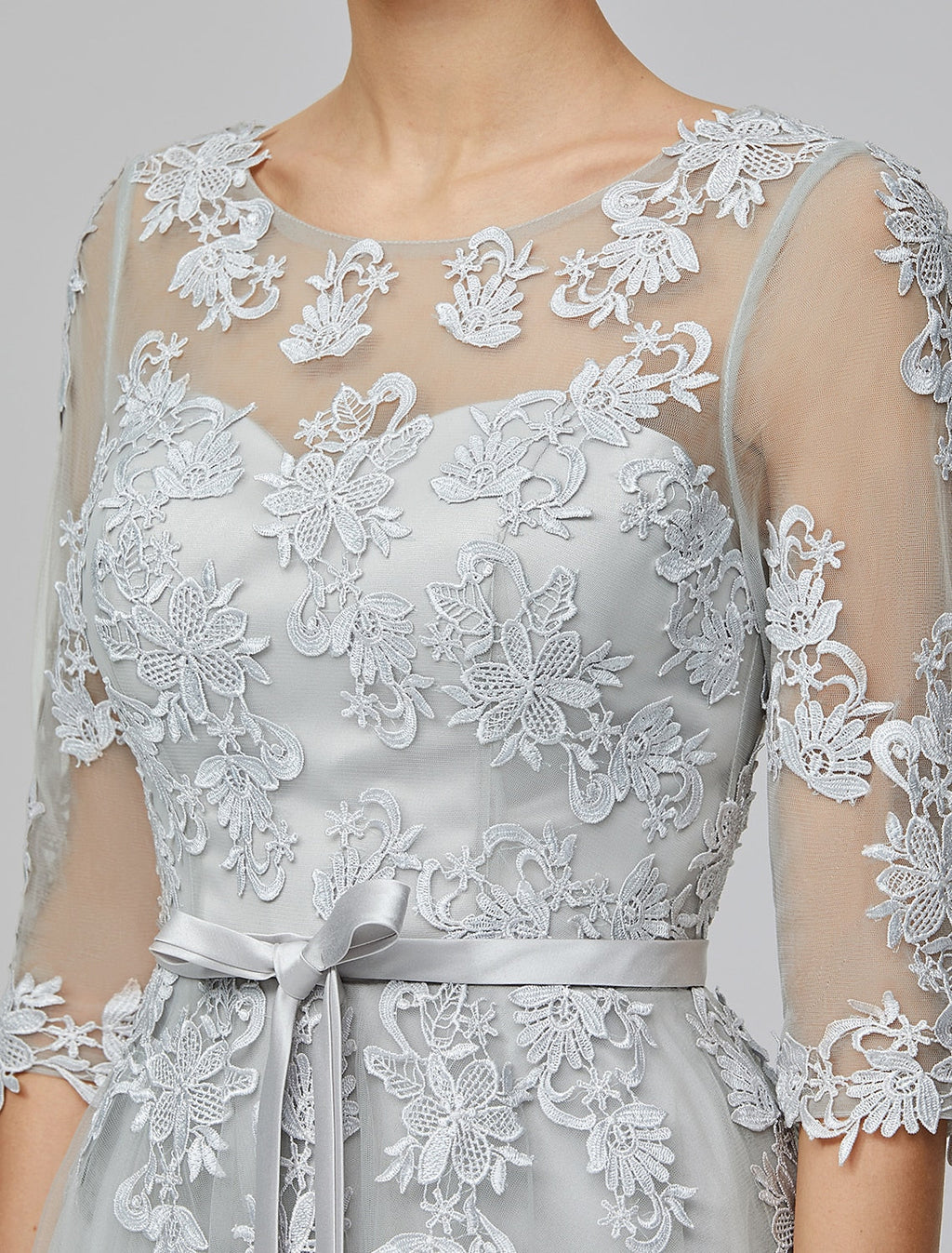 A-Line Empire Dress Wedding Guest Prom Floor Length Half Sleeve Illusion Neck Tulle with Bow(s) Appliques