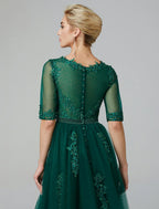 A-Line Sparkle Dress Formal Evening Tea Length Sleeveless Illusion Neck Fall Wedding Guest Lace Over Tulle with Sequin Appliques