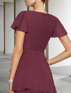 A-Line Mother of the Bride Dress Vintage Elegant V Neck Floor Length Chiffon Short Sleeve Sash Ribbon Cascading Ruffles