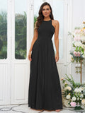 A Line Silk Like Satin Ruffles Halter Sleeveless Floor Length Bridesmaid Dresses For Elegant Bridesmaids