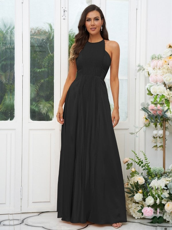 A Line Silk Like Satin Ruffles Halter Sleeveless Floor Length Bridesmaid Dresses For Elegant Bridesmaids