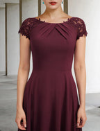 A-Line Mother of the Bride Dress Elegant Floor Length Chiffon Lace Short Sleeve Appliques Ruching